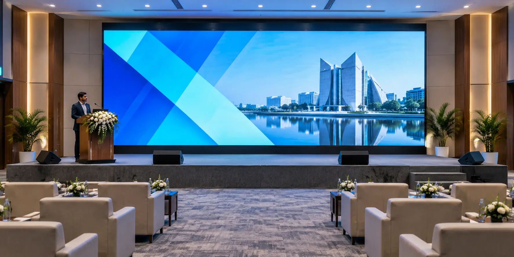 Large LED display installed in a modern conference auditorium